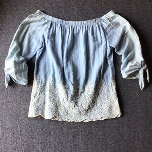 Vintage Karen Kane Blue and White On/Off Shoulder Chambray Embroidered Top